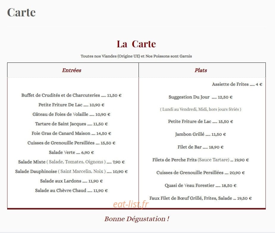 Carte et menu de Le Relais de la Tourelle à Villages du Lac de Paladru — La carte