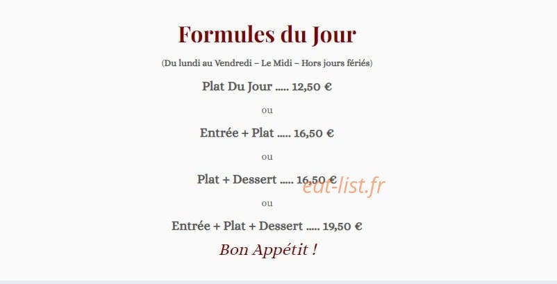 Carte et menu de Le Relais de la Tourelle à Villages du Lac de Paladru — Les formules du jour