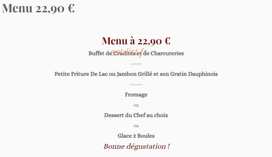 Carte et menu de Le Relais de la Tourelle à Villages du Lac de Paladru — Le menu 22.90€