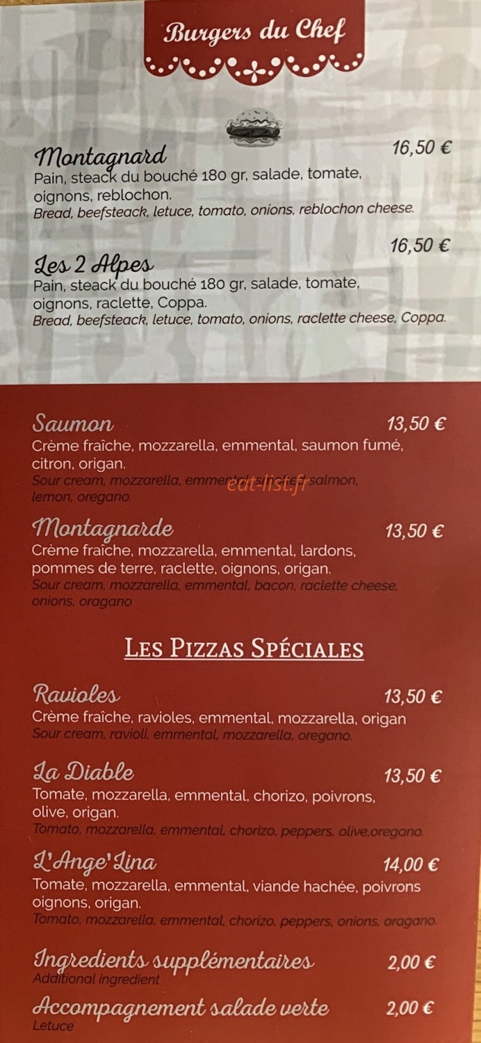 Carte et menu de L'Escale Gourmande - L’Ange’Lina à Les Deux Alpes — Les burgers du chef, pizzas spéciales