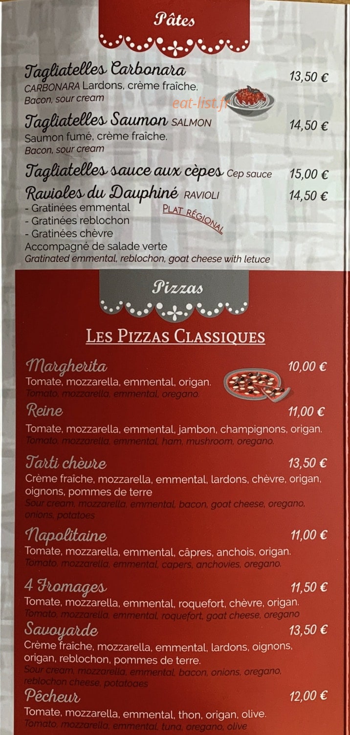 Carte et menu de L'Escale Gourmande - L’Ange’Lina à Les Deux Alpes — Les pâtes, pizzas