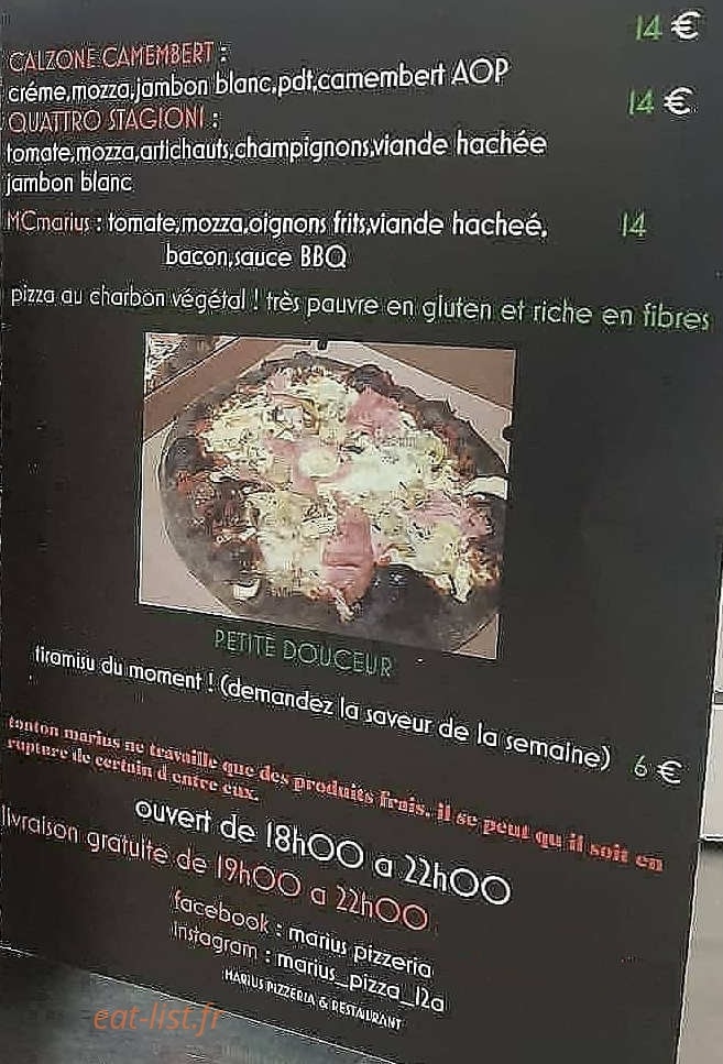 Marius Pizzeria — carte page 2