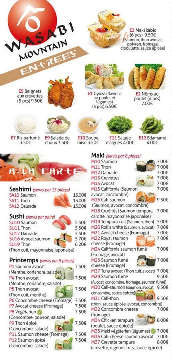 Carte et menu de Ô Wasabi Mountains à Les Deux Alpes — Entrées