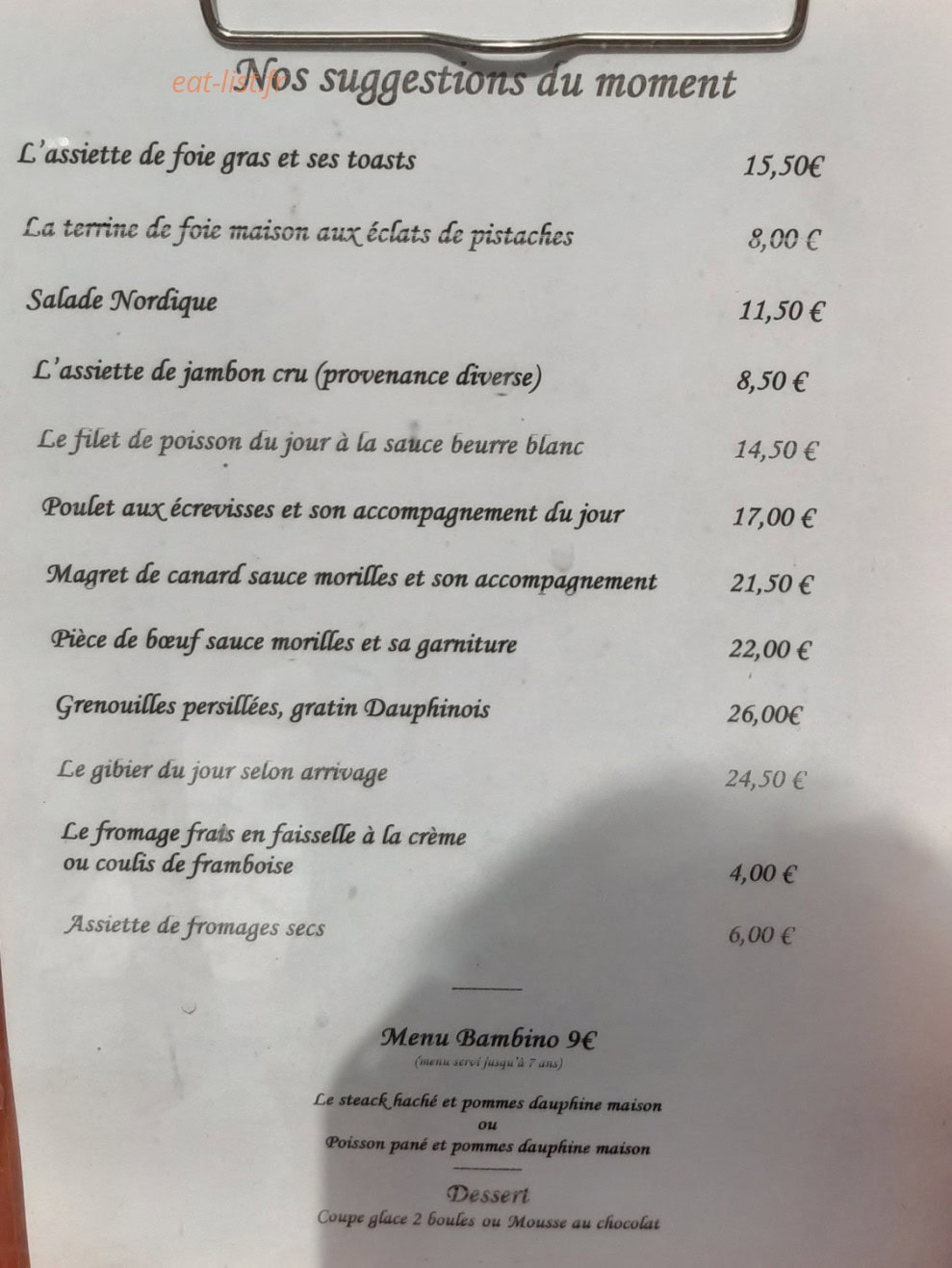 L'Auberge des Chasseurs — carte page 1