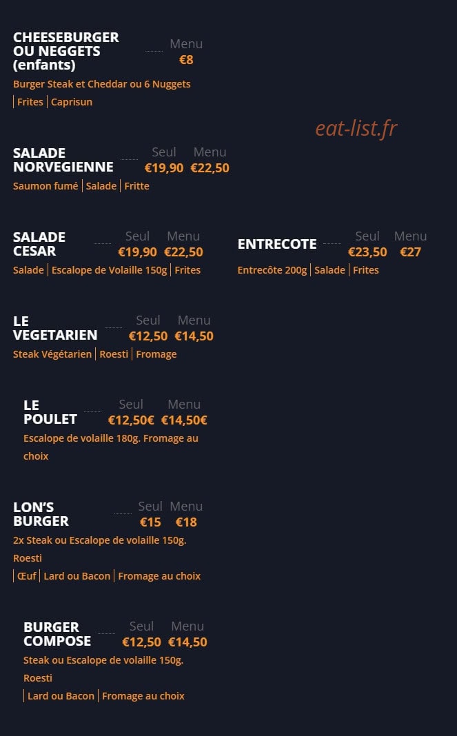 Lon’s Burger — carte page 1