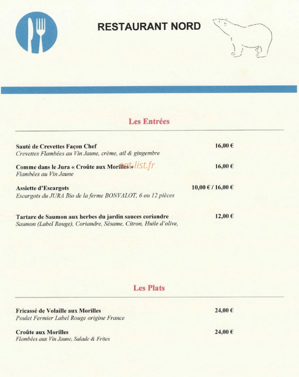 Restaurant Nord — carte page 1