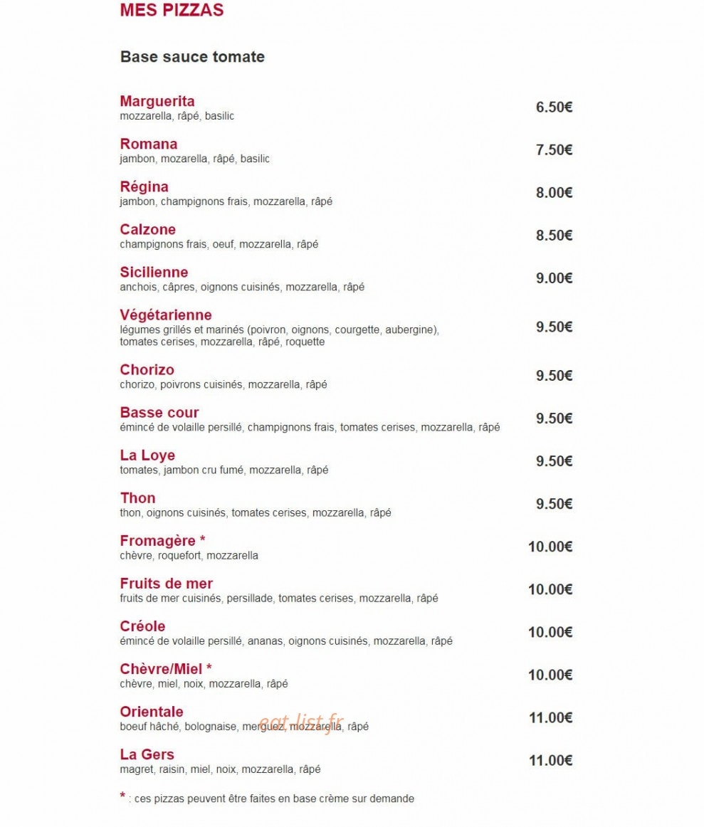 Sylvie Pizza — carte page 1