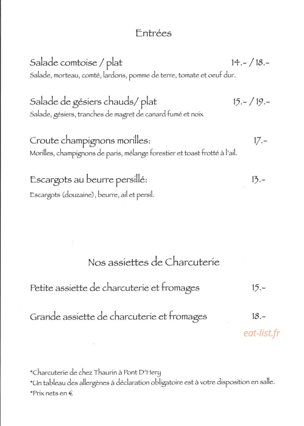 Auberge Du Comtois — carte page 1