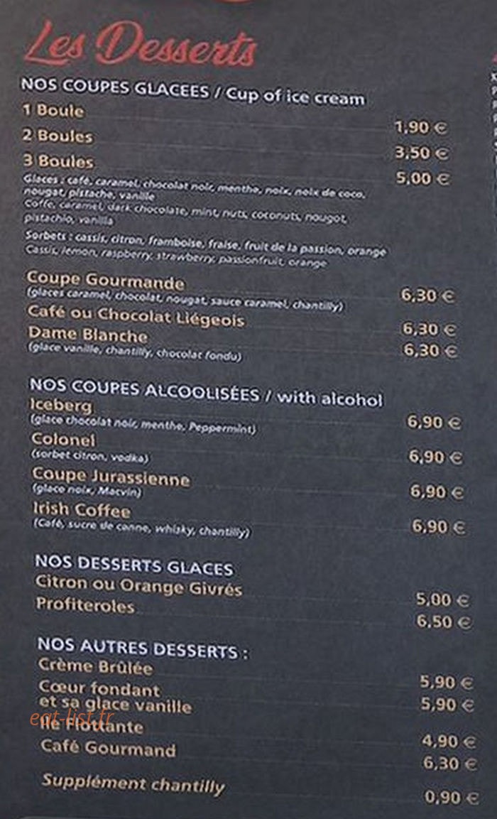 Carte et menu de Pizzeria des Cascades à Bonlieu — Les desserts
