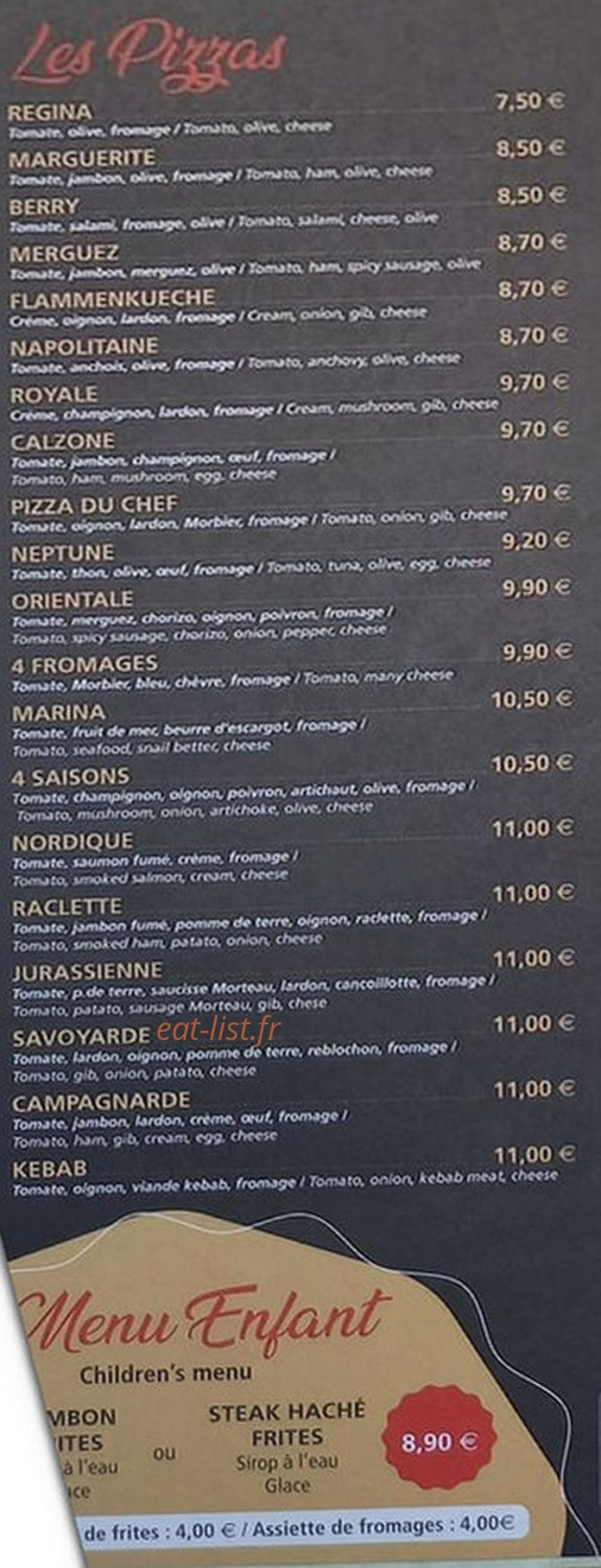 Carte et menu de Pizzeria des Cascades à Bonlieu — Les pizzas