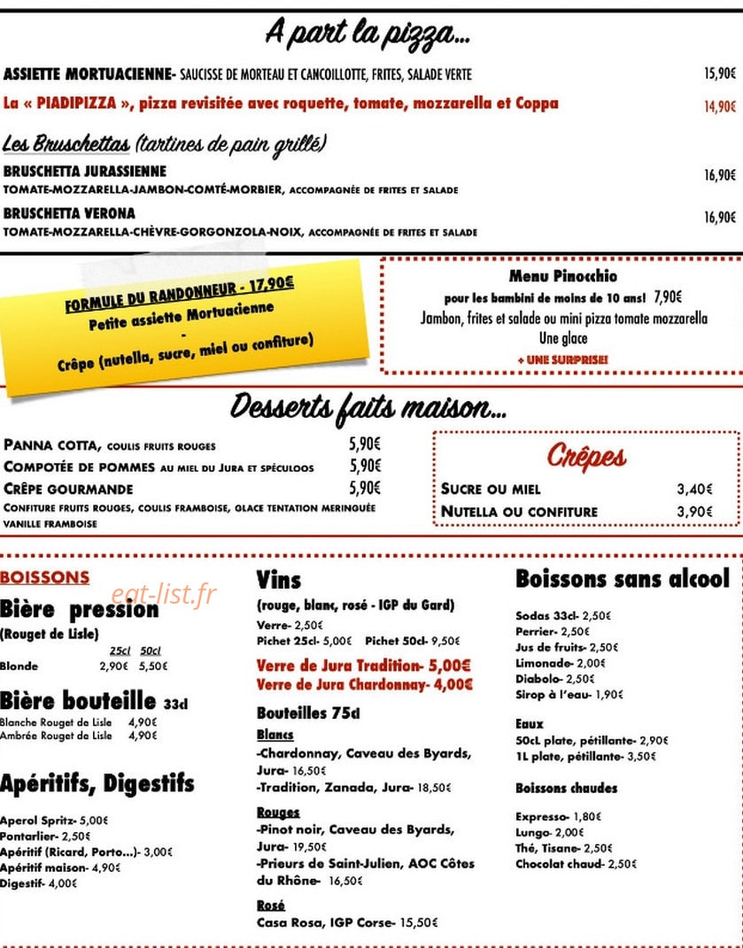 Carte et menu de La trattoria des cascades à Le Frasnois — A partager, desserts et boissons