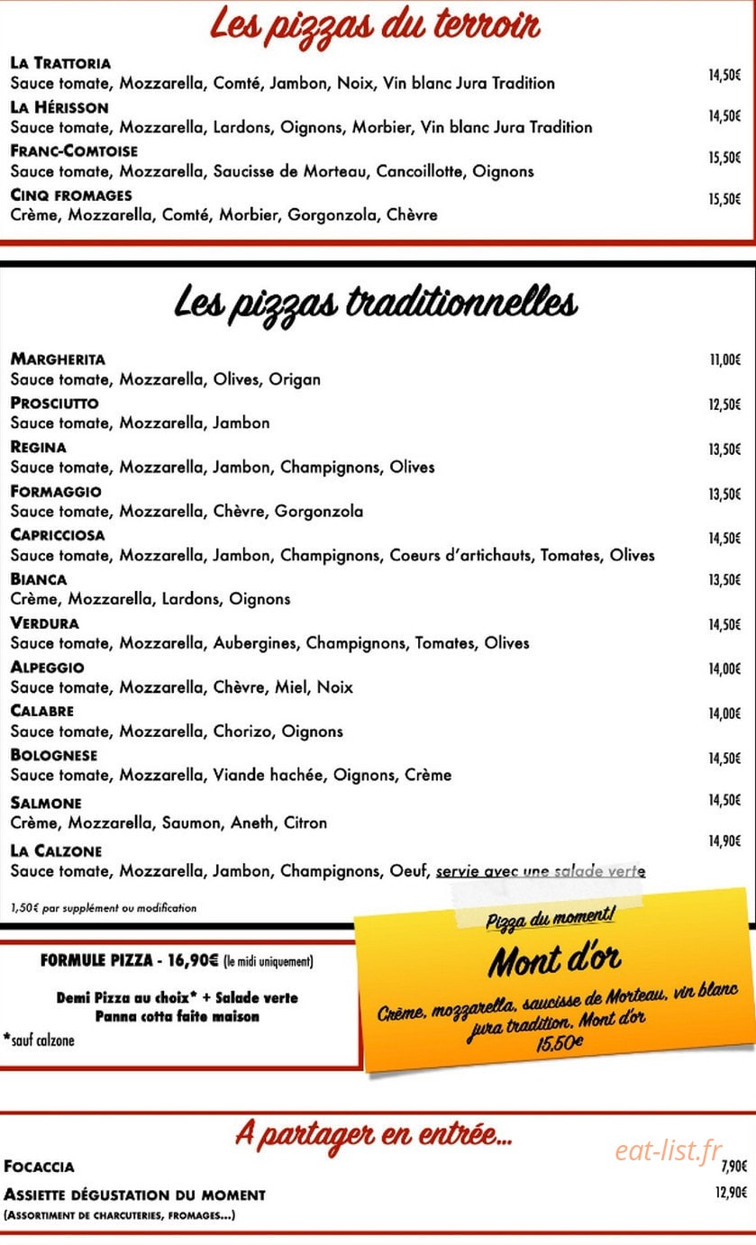 Carte et menu de La trattoria des cascades à Le Frasnois — Les pizzas
