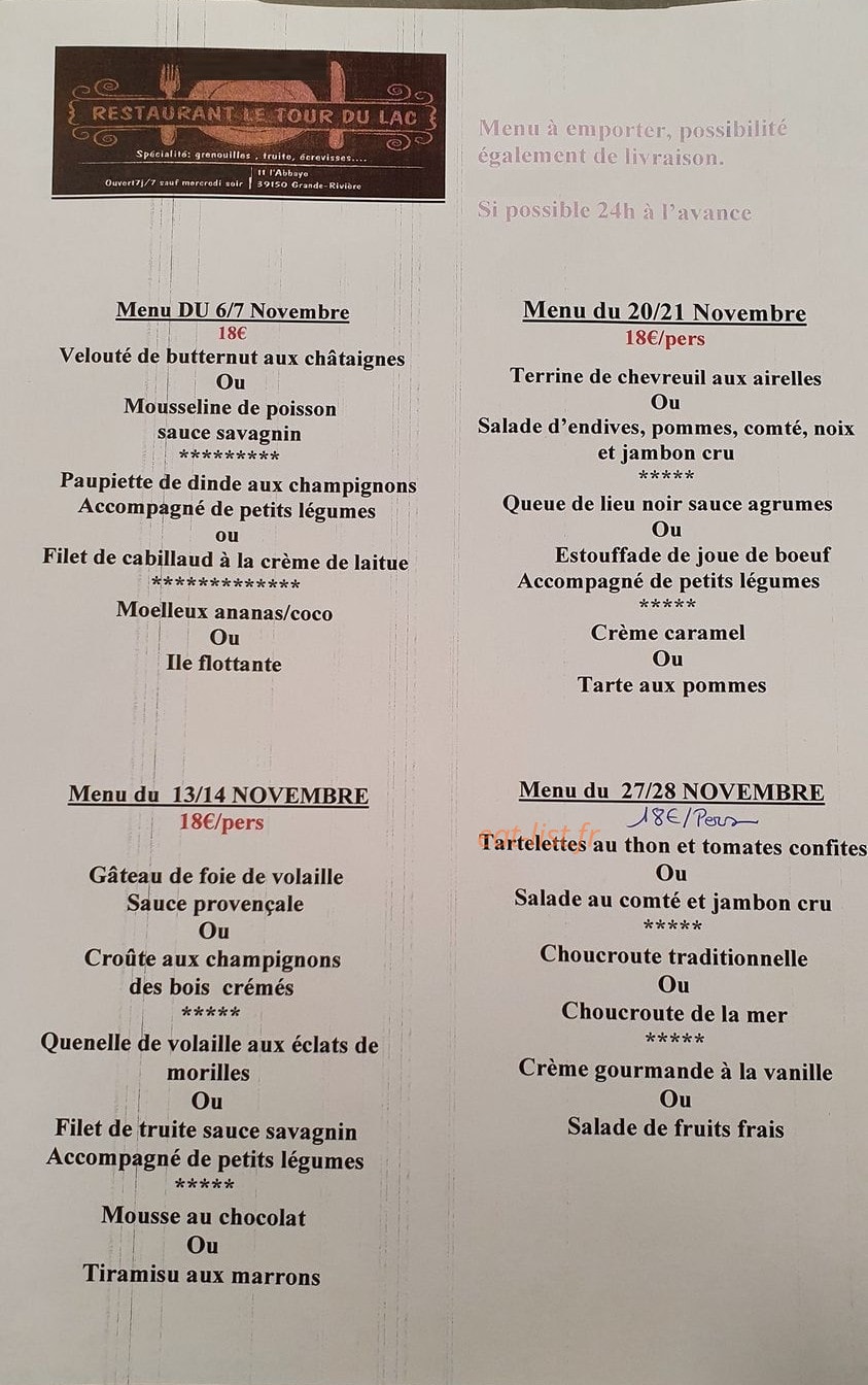 Carte et menu de Le Tour Du Lac à Grande Riviere — La carte