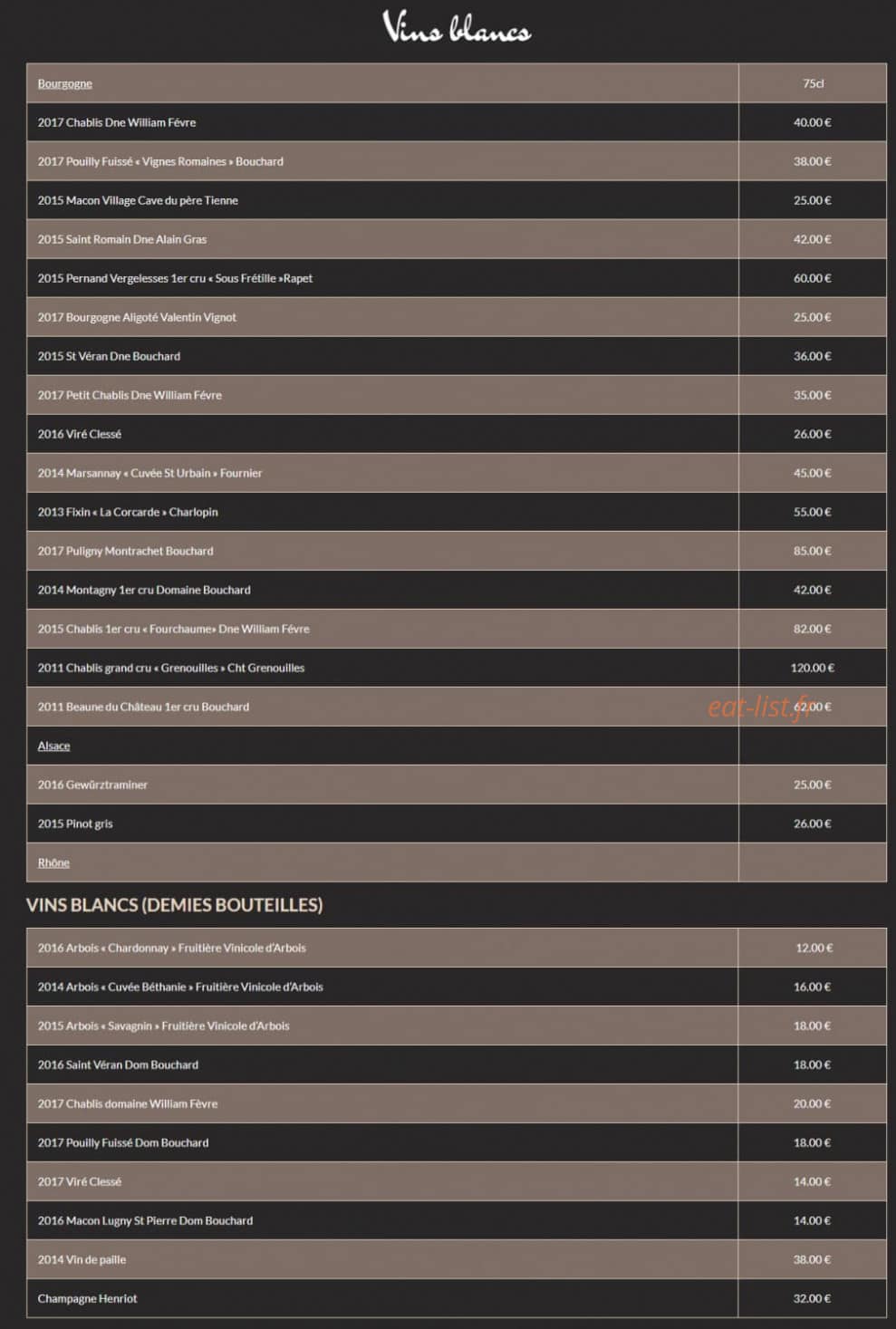 Carte et menu de Le Tour Du Lac à Grande Riviere — Les vins blancs