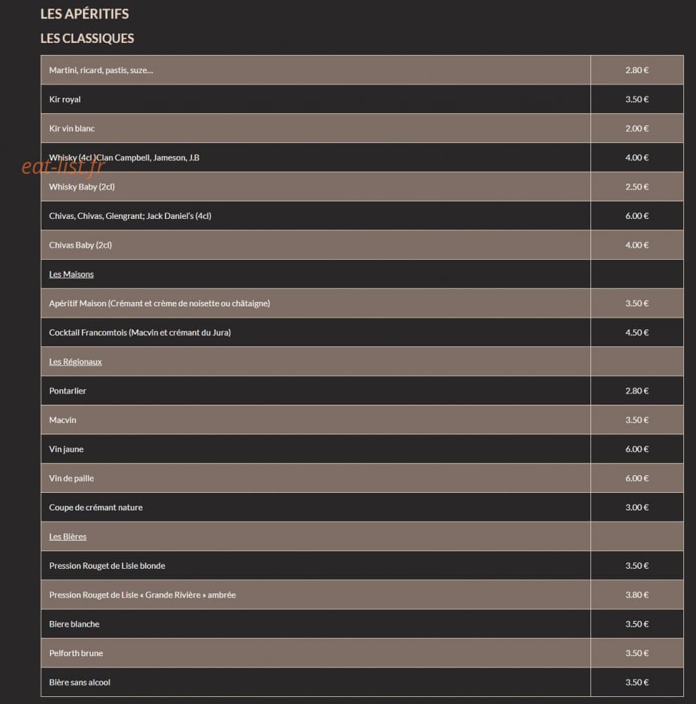 Carte et menu de Le Tour Du Lac à Grande Riviere — Les apéritifs