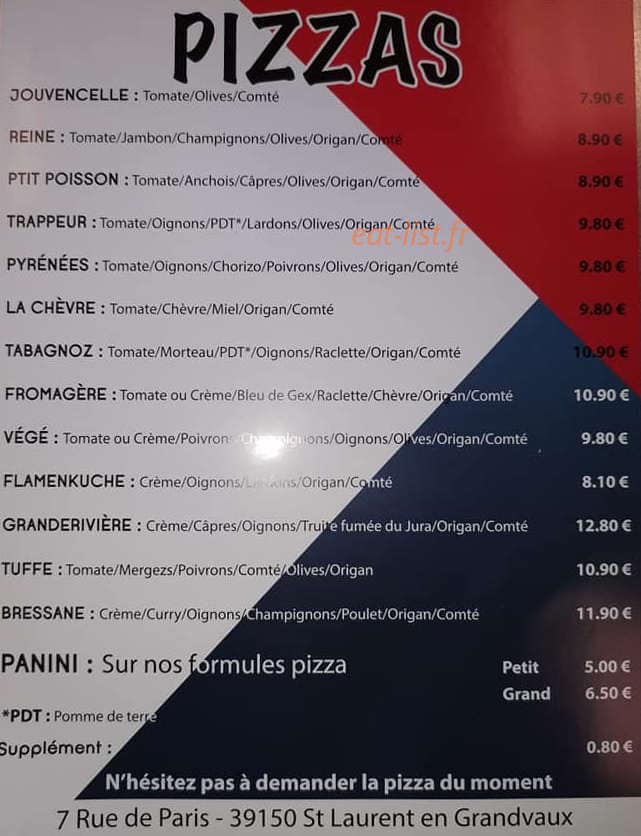 Carte et menu de L'atelier a pizza à Saint Laurent en Grandvaux — Les pizzas