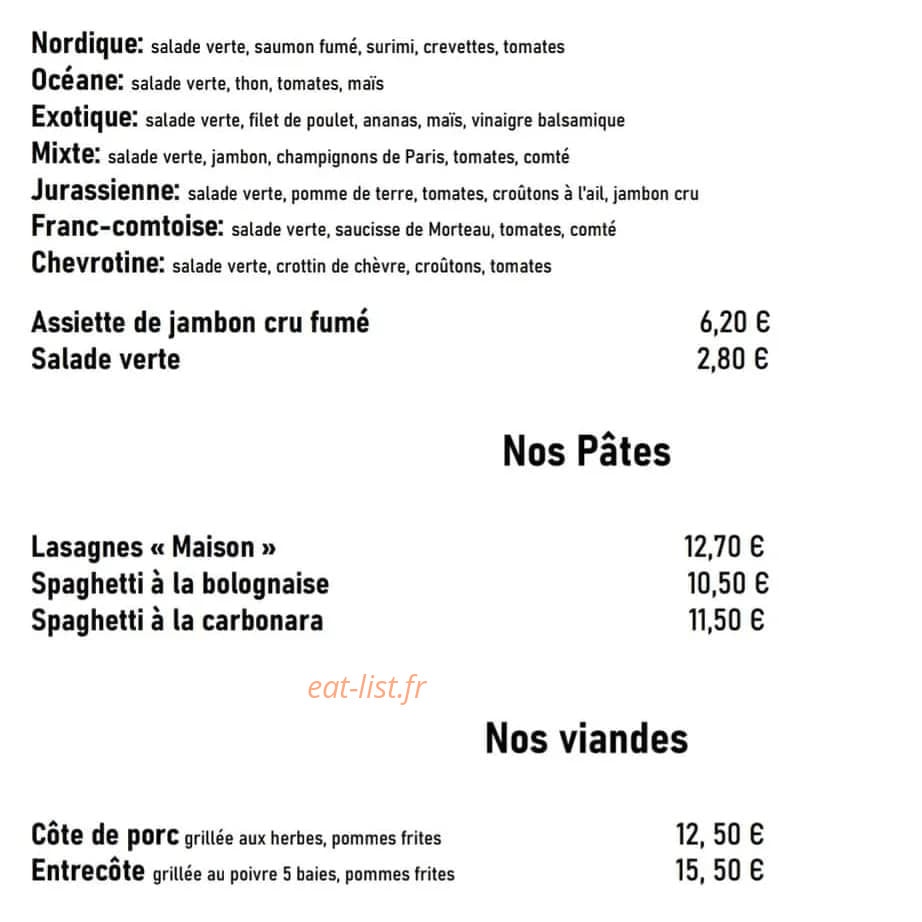 Carte et menu de Le coin d'amont à Saint Laurent en Grandvaux — Les pâtes, viandes, ...