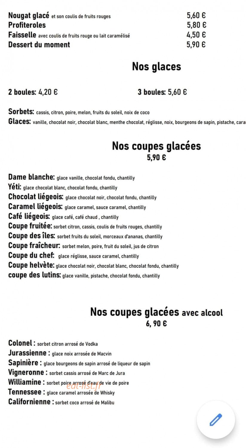 Carte et menu de Le coin d'amont à Saint Laurent en Grandvaux — Les glaces, coupes glacées, ...
