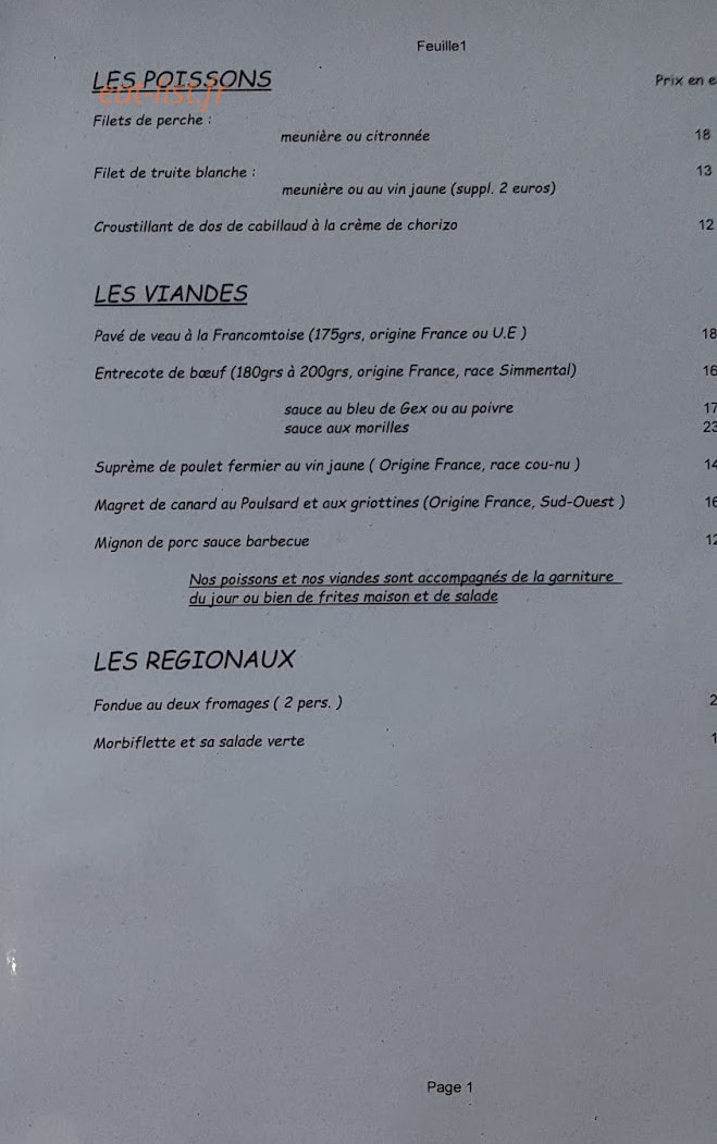 Carte et menu de le Grandvallier à Saint Laurent en Grandvaux — les poissons et viandes