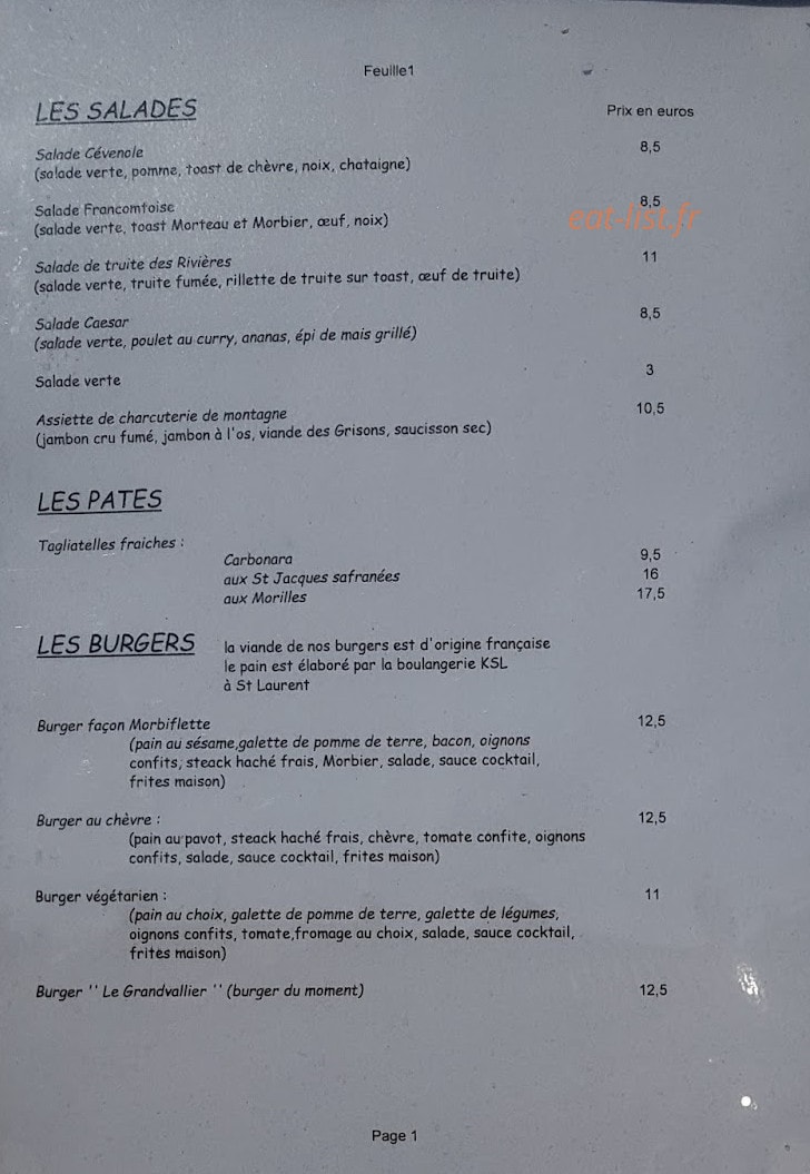 Carte et menu de le Grandvallier à Saint Laurent en Grandvaux — les salades , pâtes et burger