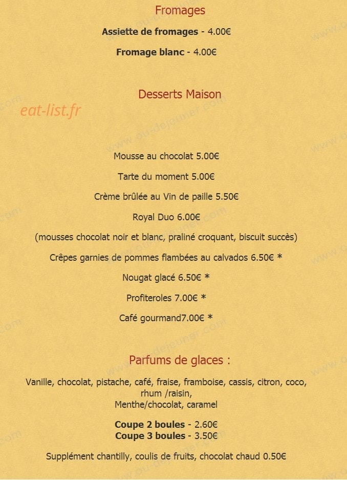 Carte et menu de La cigale et le fournil à Cousance — Les fromages, les desserts maison et parfums glaces