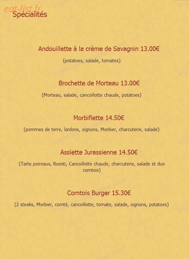 Carte et menu de La cigale et le fournil à Cousance — Les spécialités