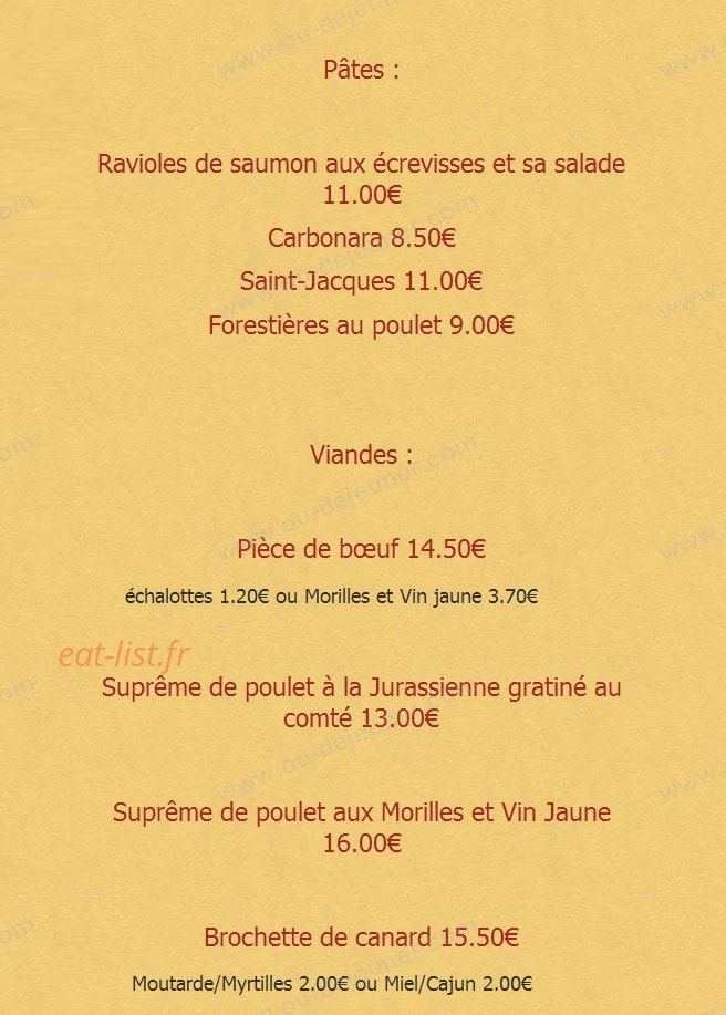Carte et menu de La cigale et le fournil à Cousance — Les pâtes et viandes