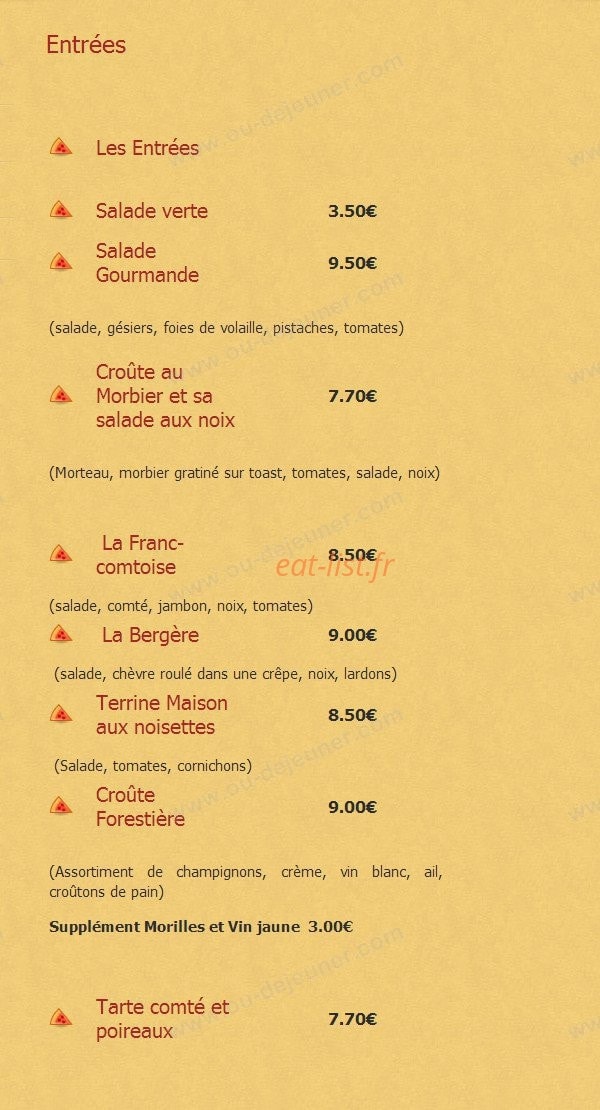 Carte et menu de La cigale et le fournil à Cousance — Les entrées