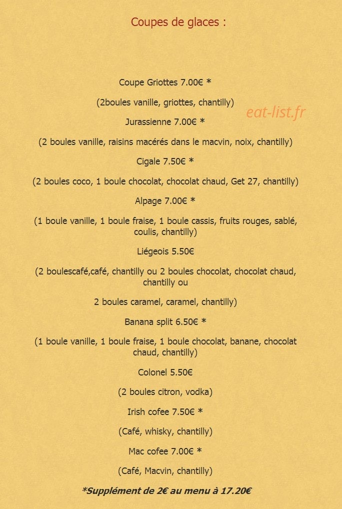Carte et menu de La cigale et le fournil à Cousance — Les coupes de glace
