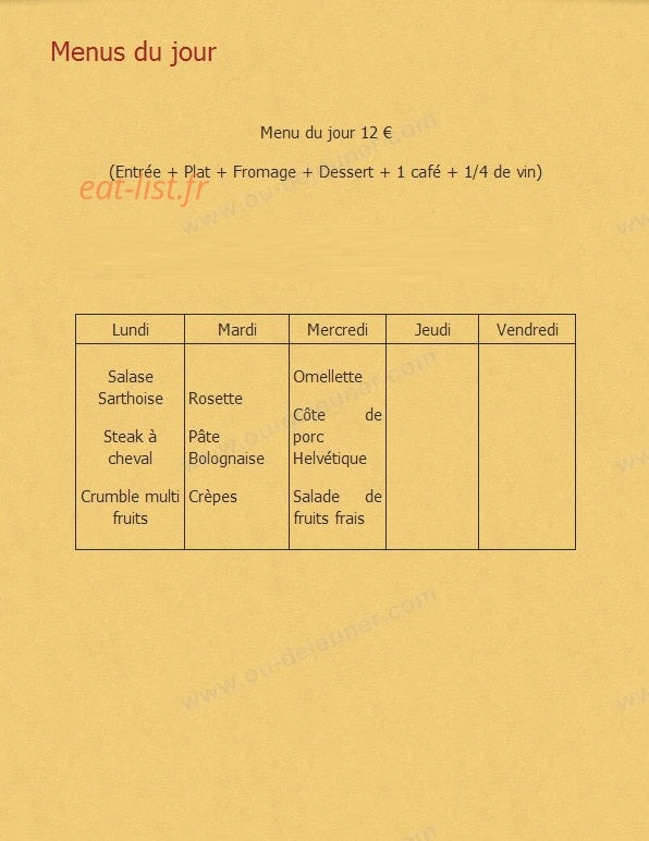 Carte et menu de La cigale et le fournil à Cousance — Le menu du jour