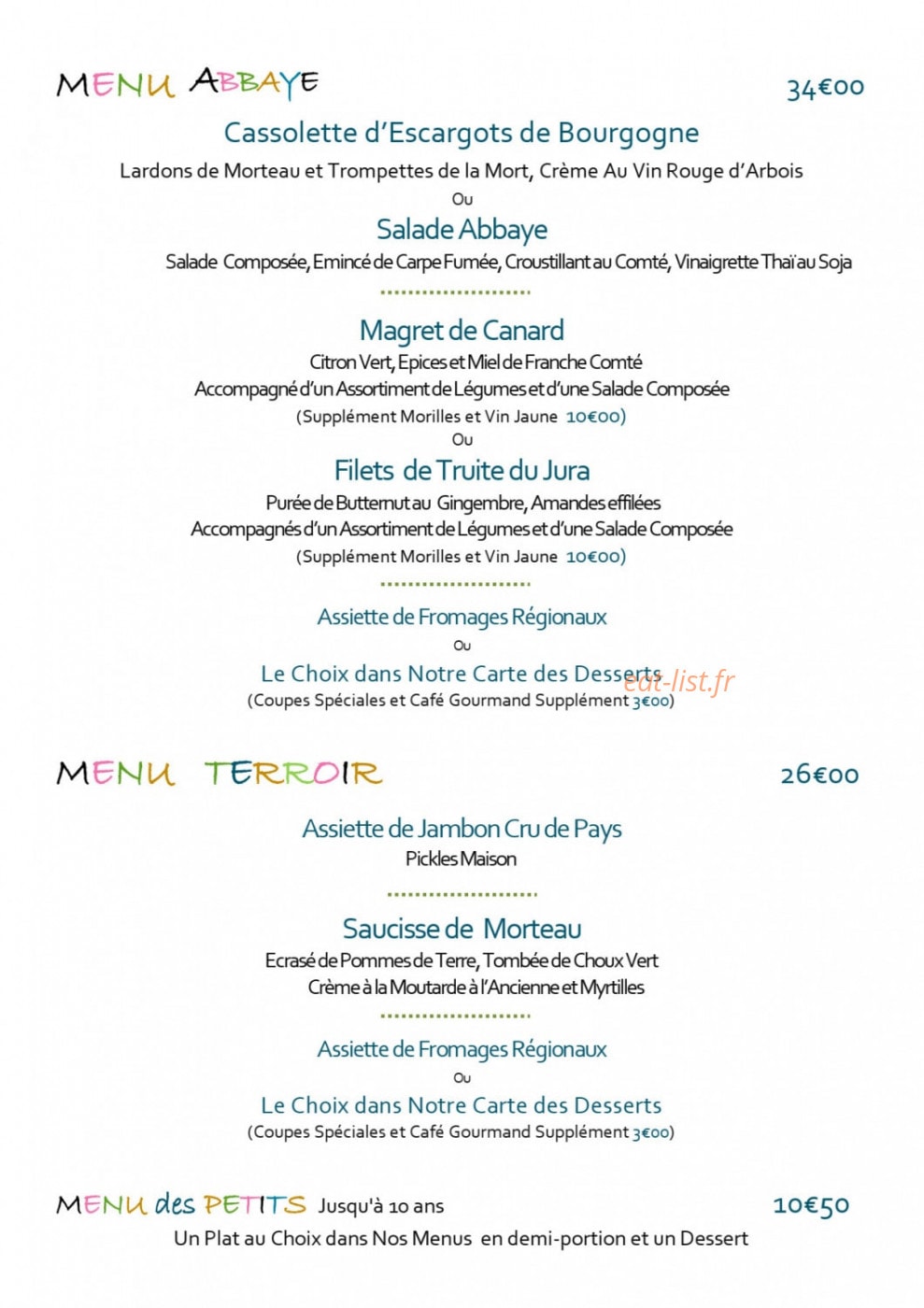 Restaurant de l'Abbaye — carte page 1