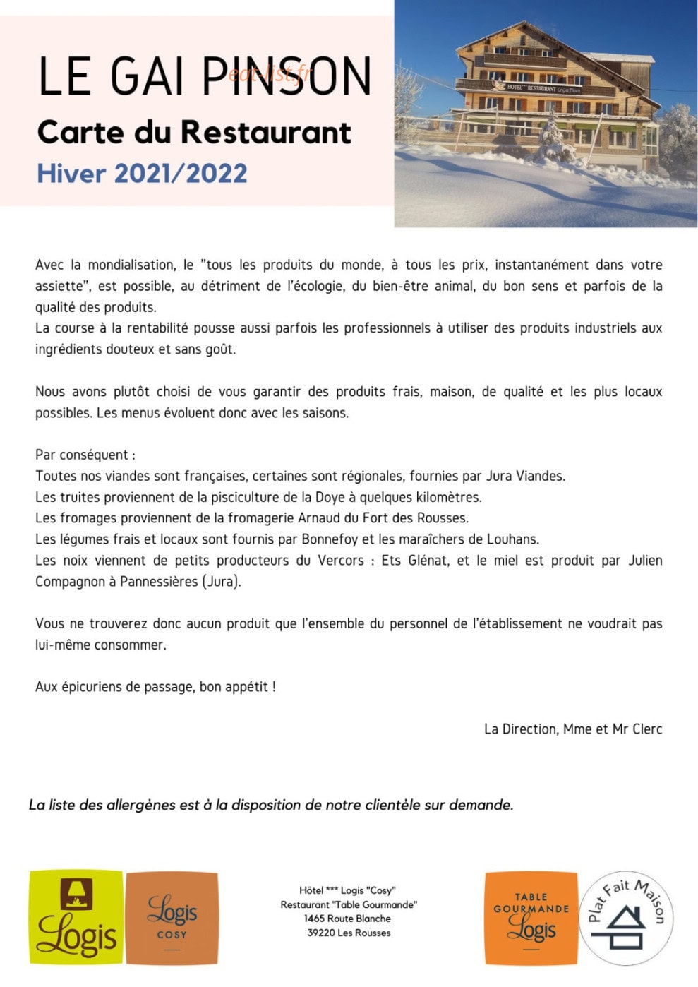 Le Gai Pinson — carte page 1