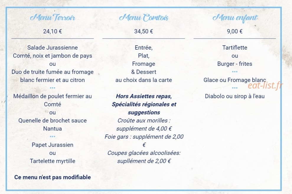 Carte et menu de Le Regardoir à Moirans en Montagne — Les menus