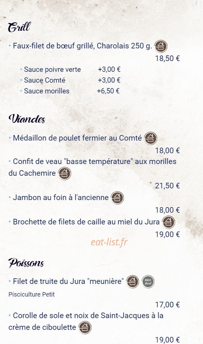 Carte et menu de Le Regardoir à Moirans en Montagne — les poissons, viandes,..
