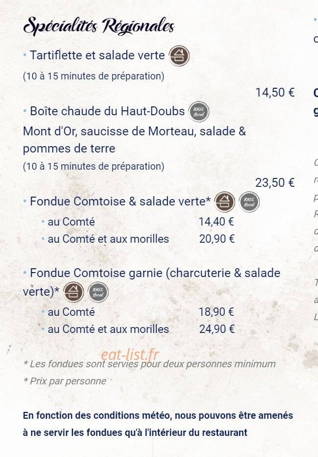 Carte et menu de Le Regardoir à Moirans en Montagne — Les specialites