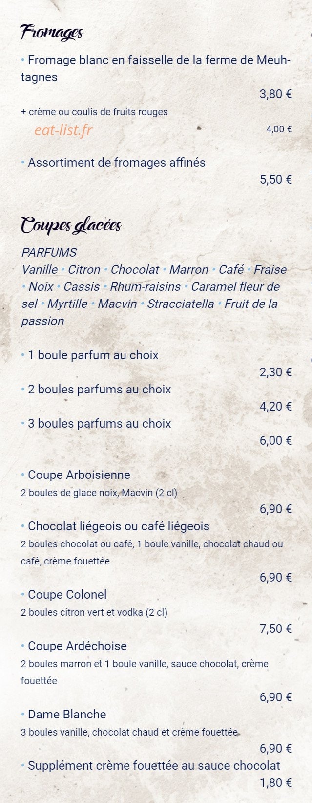 Carte et menu de Le Regardoir à Moirans en Montagne — les fromages ety coupes glacées