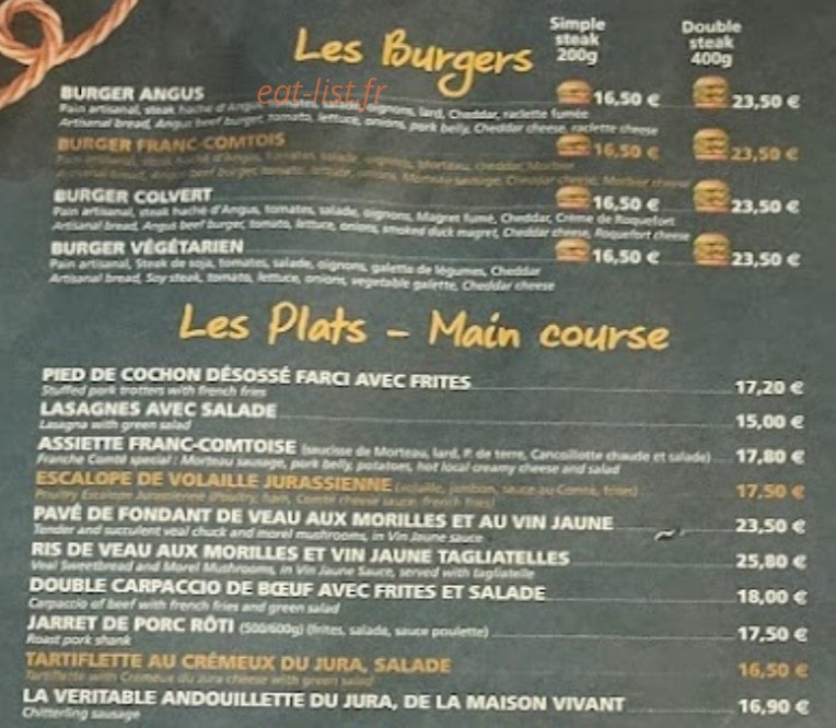 Menu La Guinguette - Les burgers et plats