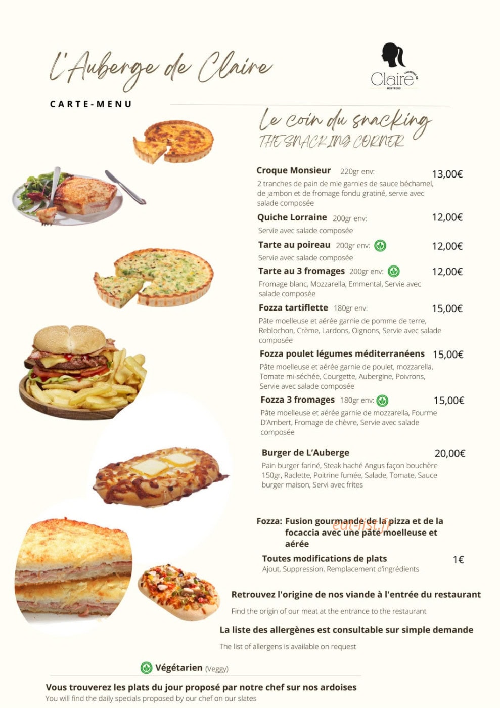 L'Auberge de Claire — carte page 3