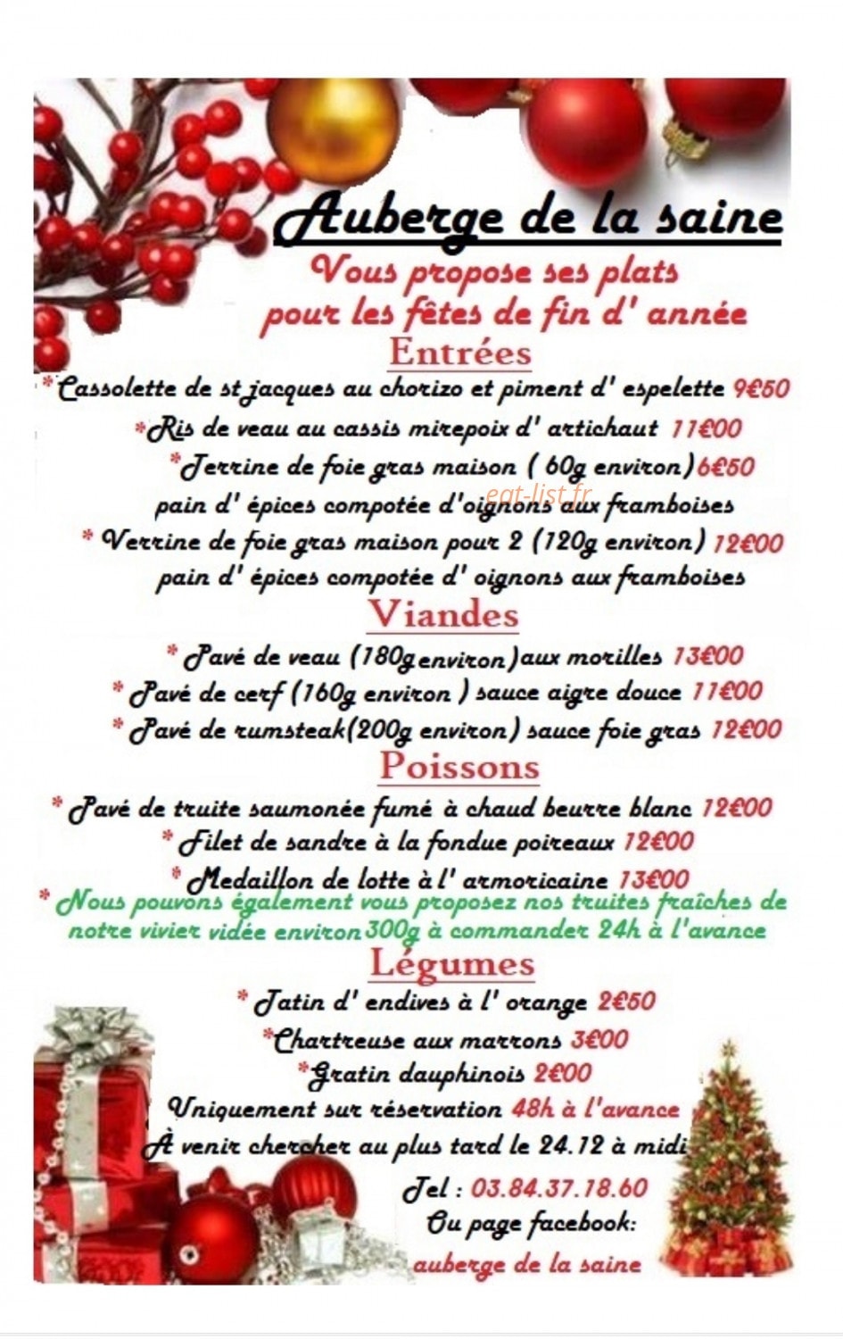 Carte et menu de Auberge de la saine à Foncine le Haut — Plats de fêtes