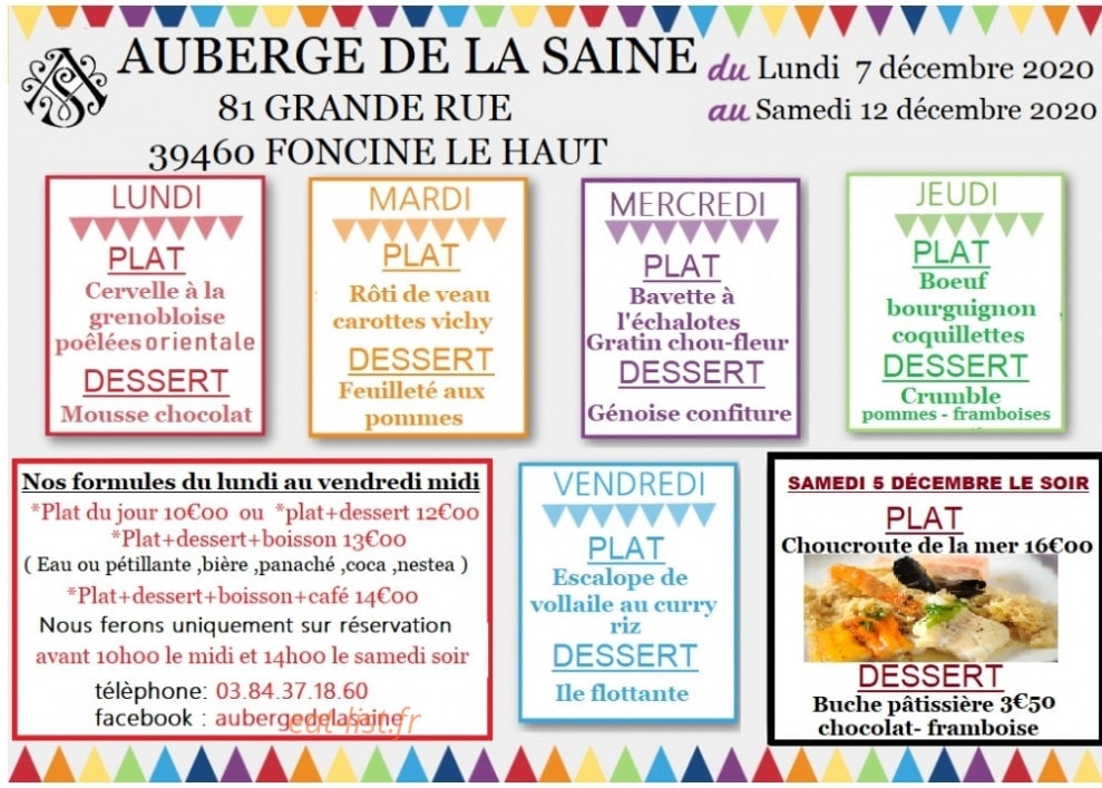 Carte et menu de Auberge de la saine à Foncine le Haut — Offre de la semaine