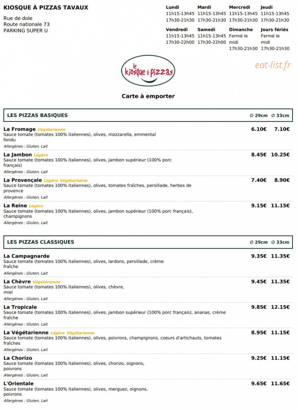 Le Kiosque à Pizzas — carte page 1