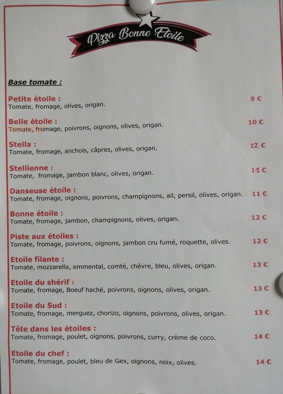 Pizza Bonne Etoile — carte page 1