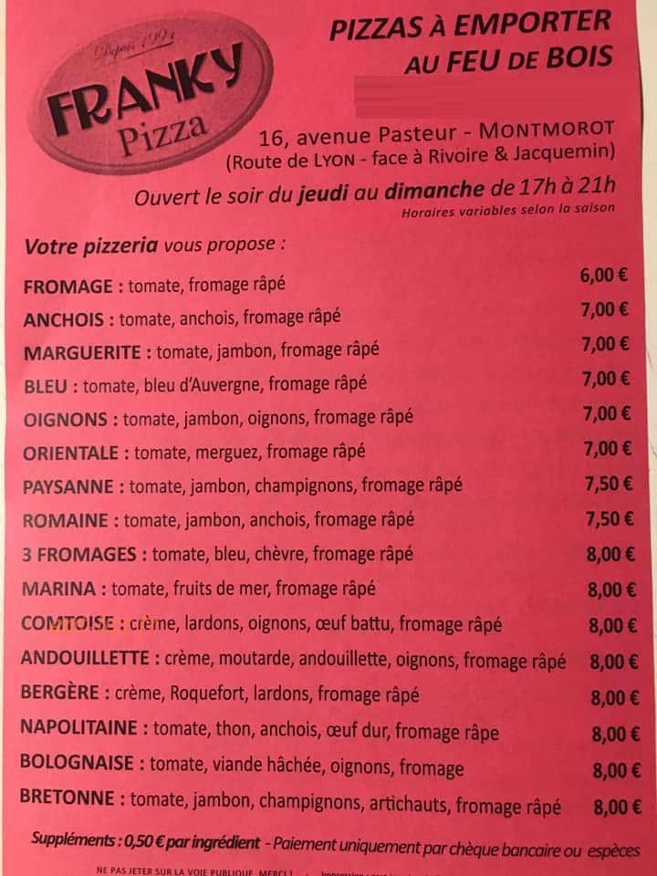 Franky pizza — carte page 1