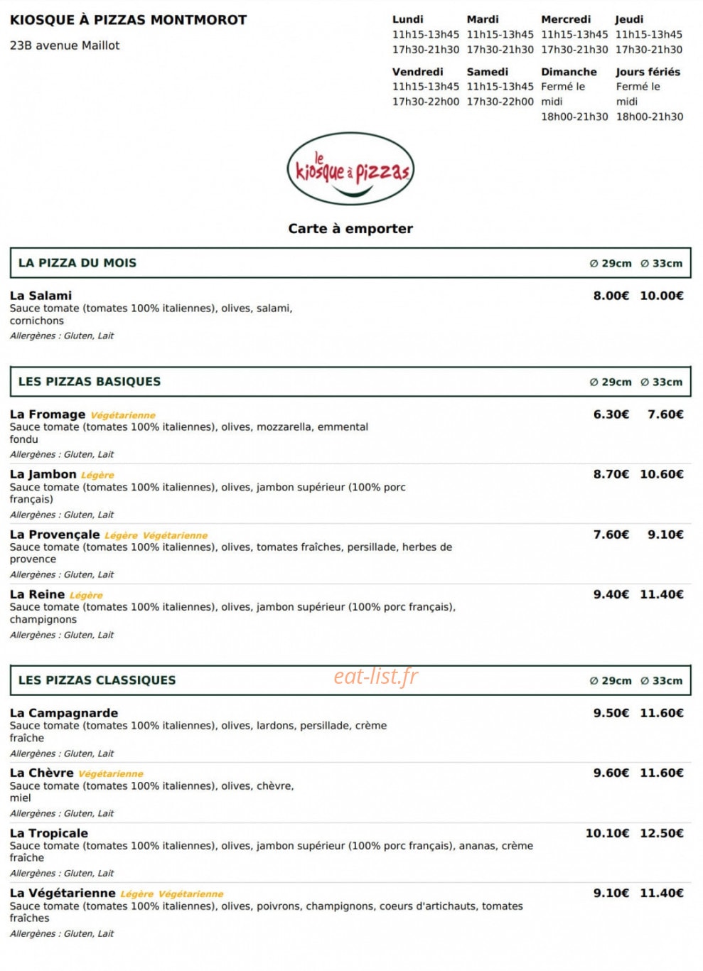 Le kiosque à pizzas — carte page 1