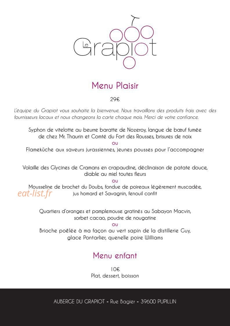 Auberge du Grapiot — carte page 1