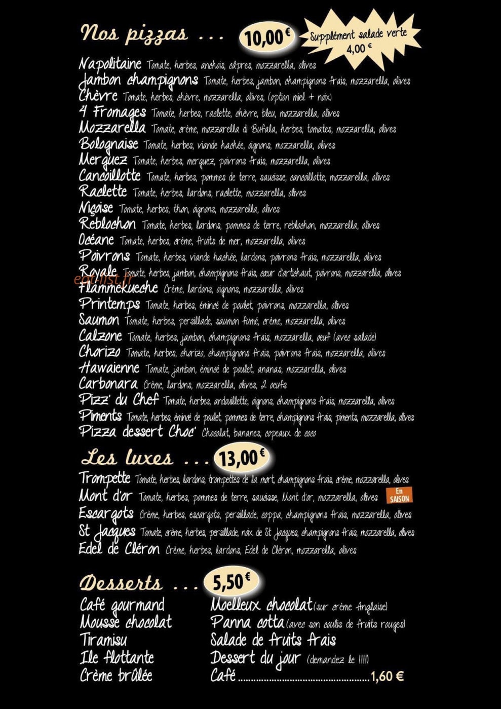 Pizzeria L'unique — carte page 2