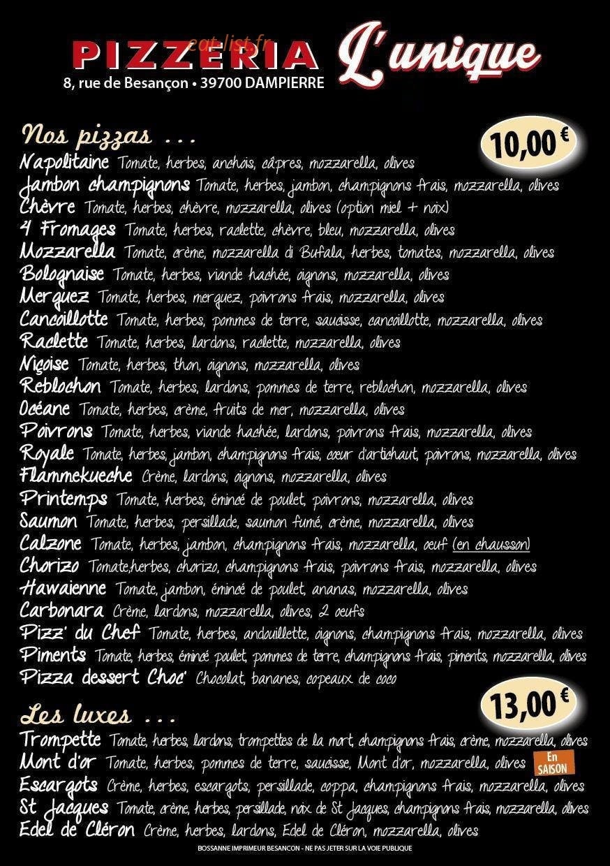Pizzeria L'unique — carte page 1