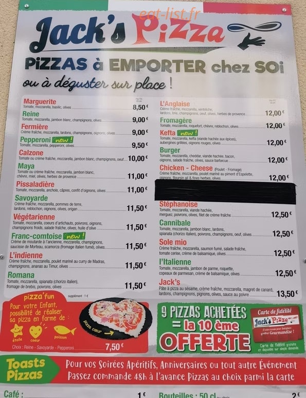 Jack's Pizza — carte page 1