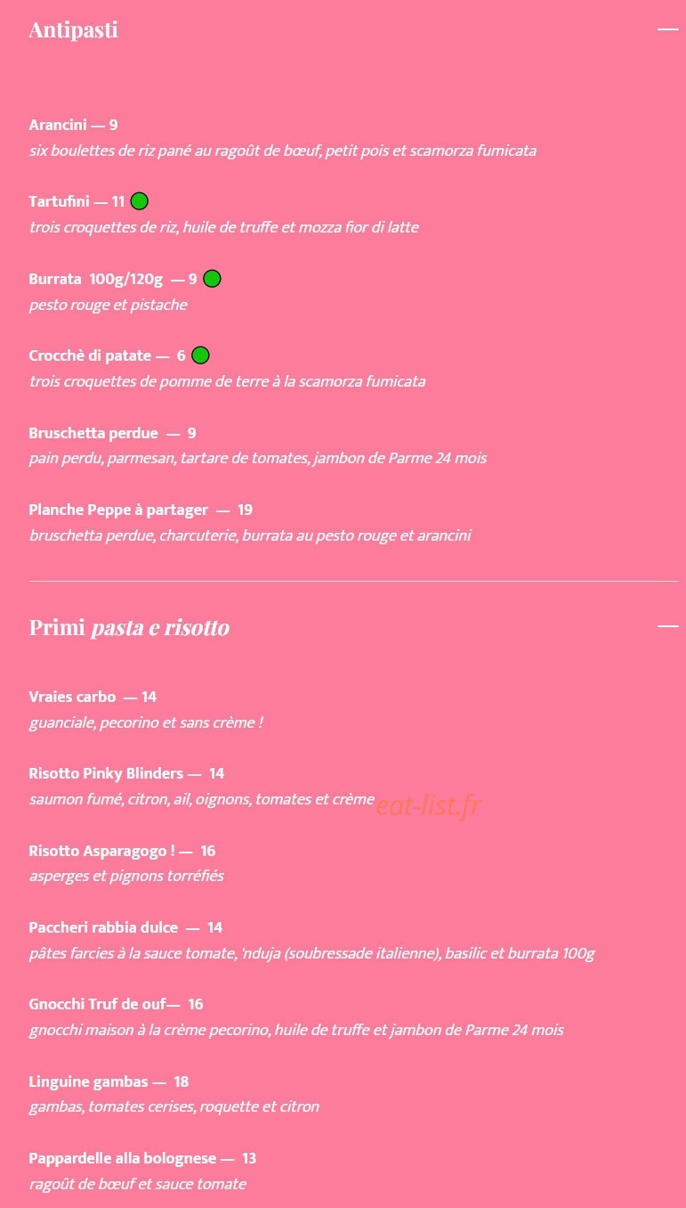 Trattoria Peppe — carte page 1