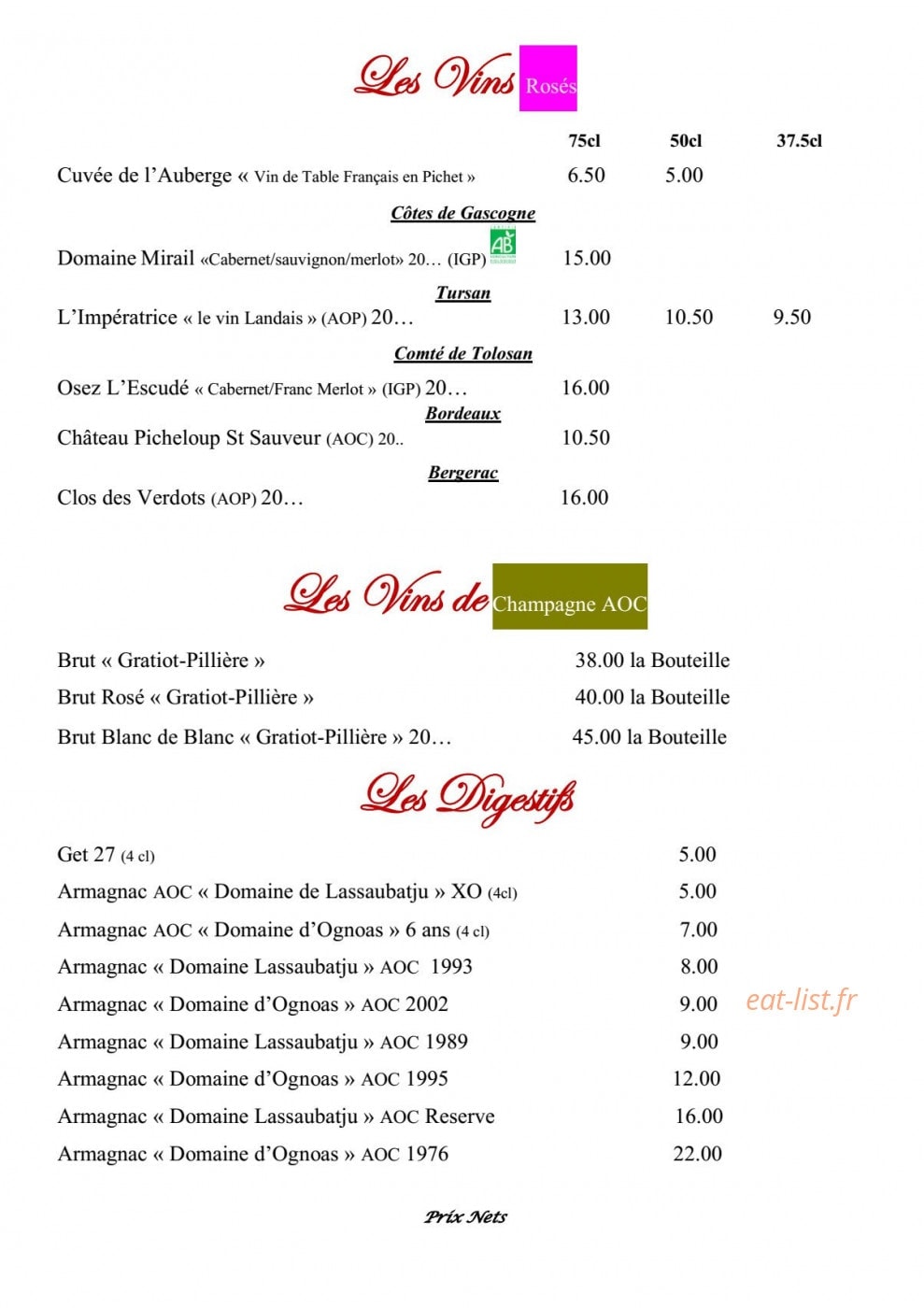 Auberge du Grand Megnos — carte page 8